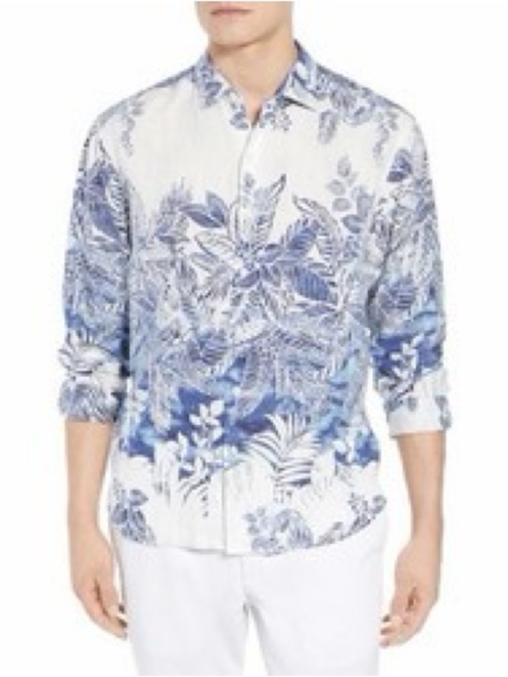 Tommy Bahama White Linen Button-Down Shirt with Blue Floral Print
